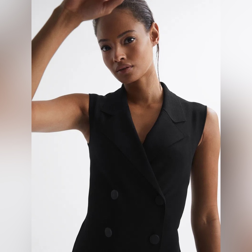 REISS Milena Sleeveless Knitted Tux Black Midi Dress— Womens 14